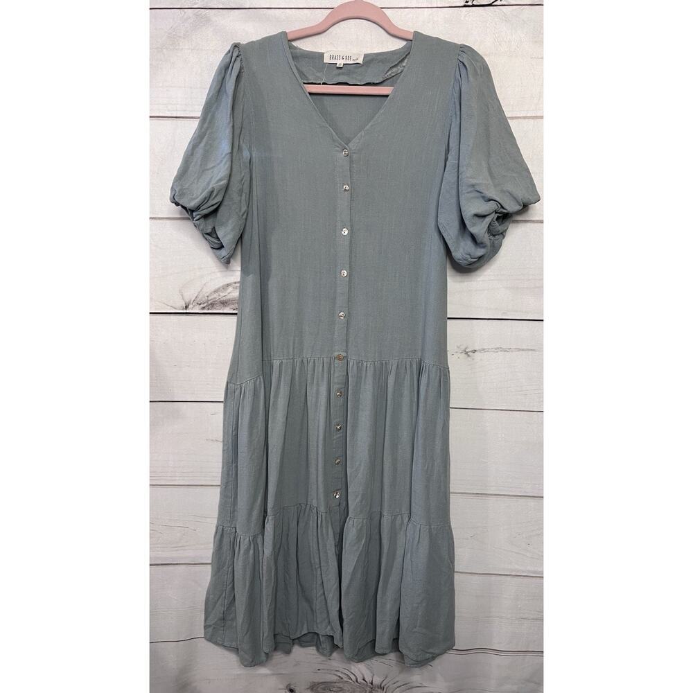 Brass & Roe Women's Gray Puff Sleeve‎ Tiered Midi Dress XS Rayon Linen Blend